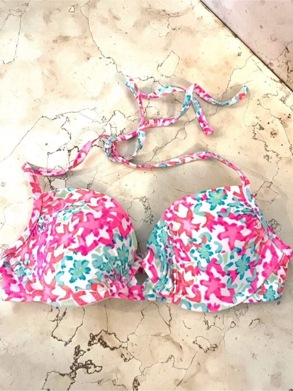 XHILARATION Pink & Teal Floral Bikini Top